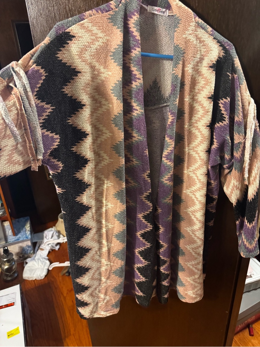 Cozy Open-Front Zigzag Cardigan in Peach, Black & Purple